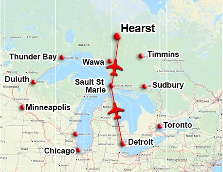 Charter flight route to Hearst Ontario